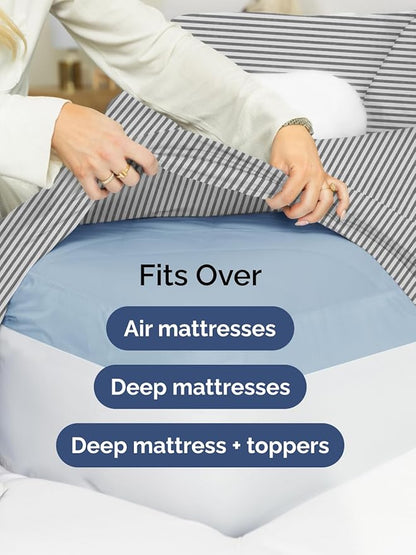 Extra Deep Pocket Twin Sheets - 3 Piece Breathable & Cooling Bed Sheets - Hotel Luxury Bed Sheet Set - Soft, Wrinkle Free & Comfy - Easily Fits Extra Deep Mattresses - Deep Pocket Grey Striped Sheets