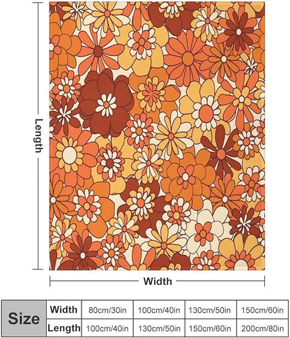 Vintage 70s Throw Blanket, Boho Hippie Bright Orange Flowers Groovy Abstract Funny Art Print Blanket for Couch Sofa Bed 40"x50"
