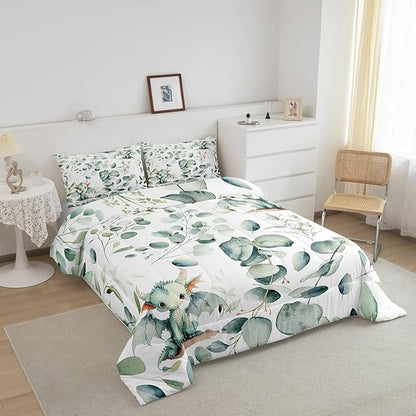 Erosebridal Boys Magic Animal Bedding Queen Size Cute Dragon Comforter Set Queen, Cartoon Wildlife Duvet Insert Green Leaf Quilt Set, Spring Plant Bedding Comforters & Sets Child Kids Bedroom Decor