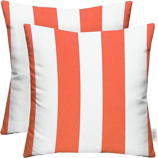 RSH DECOR: Square Throw Pillows Set of 2 | 17” x 17” | All-Weather Spun Fabric | Water and Fade-Resistant | Outdoor Accent Pillows for Patio Furniture | Coral & White Stripe
