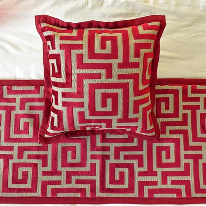 The HomeCentric King/Queen/Twin Red Decorative Twin 53"x18" Bed Runner with 2 Pillow Cover, Maze Bed Scarf on Velvet Fabric - Path