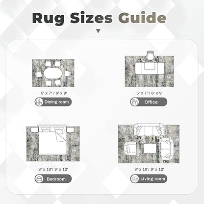 Area Rugs 6x9 for Living Room: Washable Rug Modern Abstract Neutral Soft Non-Slip Low-Pile Indoor Carpet for Bedroom Dining Room Playroom Home Office (Black Grey Brown, 6'x9')