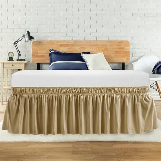 King Bed Skirt, Elastic Wrap Around Bed Skirt King Size, Bed Skirts for Adjustable Bed, Easy Fit with 14" Drop Length Tailored Drop Dust Ruffle (Beige)