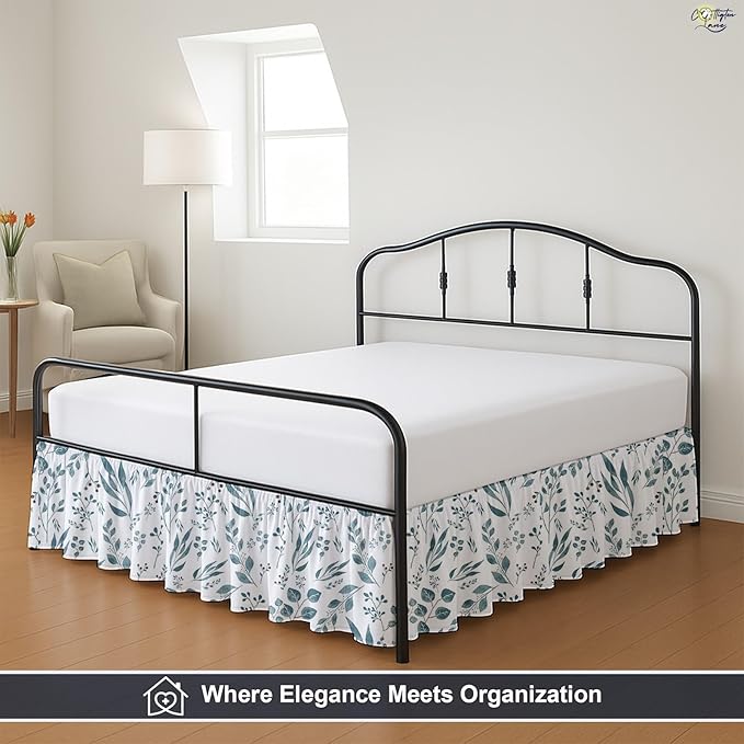 Cottington Lane Ruffled Bed Skirt Queen Size with Split Corner, Brushed Microfiber Hotel Quality Dust Ruffle, 16" Drop Gathered Bedskirt, Soft, Stylish, Shrink & Fade Resistant, Tranquil Green Petals