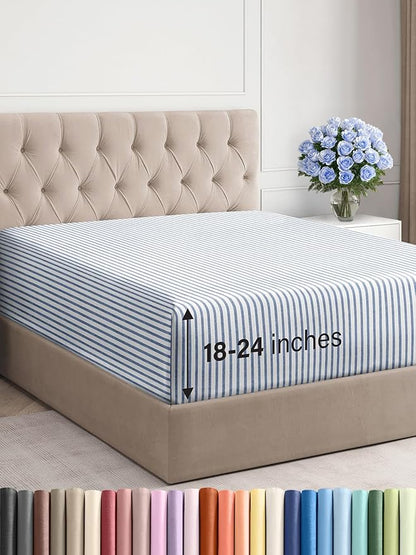 Extra Deep King Fitted Sheet - Hotel Luxury Single Fitted Sheet Only - Easily Fits 18 inch to 24 inch Mattress - Ultra Soft, Wrinkle Free with Extra Deep Pockets - Breathable & Comfy - Blue Stripes