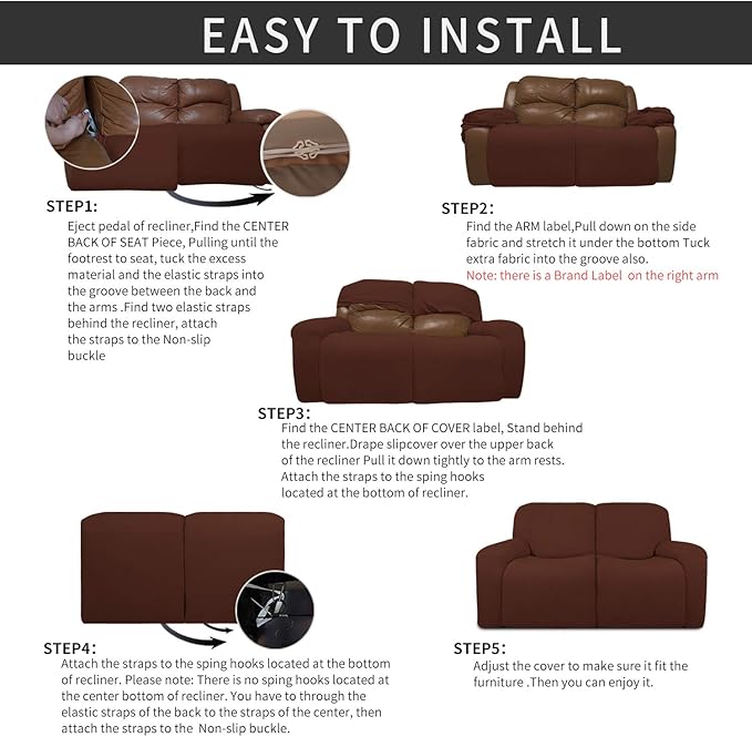 Easy-Going 6 Pieces Recliner Loveseat Stretch Sofa Slipcover Sofa Cover Furniture Protector Couch Soft with Elastic Bottom Kids, Spandex Jacquard Fabric Small Checks Coffee