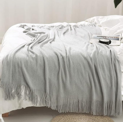 Homiest Decorative Knitted Throw Blanket with Fringe Soft & Cozy Tassel Blanket for Couch Sofa Bed (Light Grey,50x60)