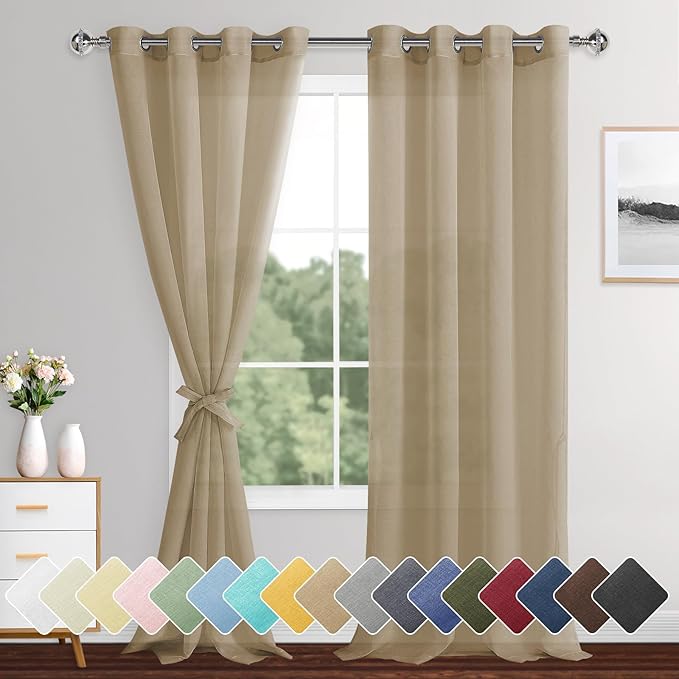 XWZO Camel Sheer Curtains Semi Transparent Voile Window Curtains, Lightweight Grommet Window Curtains for Bedroom, Living Room, Office, Nursery, 52 x 95 Inches Length, Set of 2 Panels