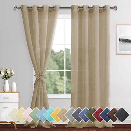 XWZO Camel Sheer Curtains Semi Transparent Voile Window Curtains, Lightweight Grommet Window Curtains for Bedroom, Living Room, Office, Nursery, 52 x 95 Inches Length, Set of 2 Panels