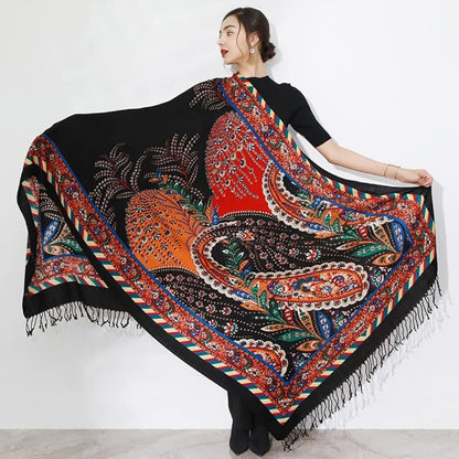 DANA XU 100% Merino Wool Pashmina Shawl for Women 96"x43", Oversized Cashmere Wrap with Tassels, Floral Travel Blanket Cape
