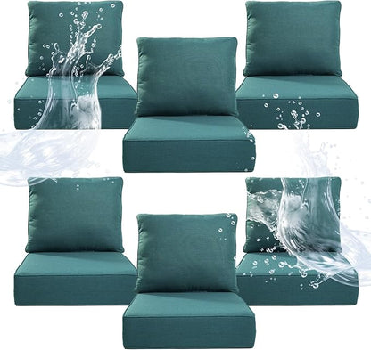 6" Thicker Outdoor Chair Cushion 6 Sets - 24" *24" *6" Waterproof Patio Furniture Cushions with Removable Cover, 28D High Density Sponge Filling Thicken Outdoor Patio Cushions - Peacock Blue