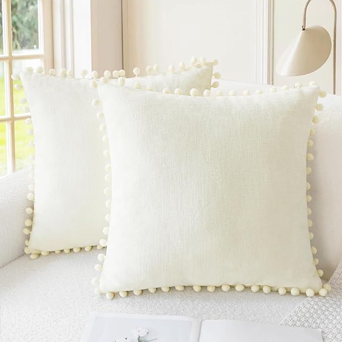 CaliTime Throw Pillow Covers Decorative 18 X 18 Inches Pack of 2 Cozy Solid Dyed Soft Chenille Cushion Cases with Pom Poms for Couch Sofa Bed Living Room Home Cream