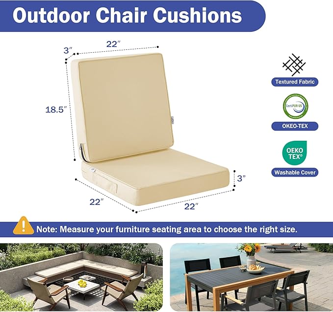Outdoor Chair Cushions, Waterproof Patio Chair Cushions 22x22x3 Inch, Outdoor Cushions with Removable Cover for Sofa, Fade Resistant Patio Cushions for Outdoor Furniture, Beige