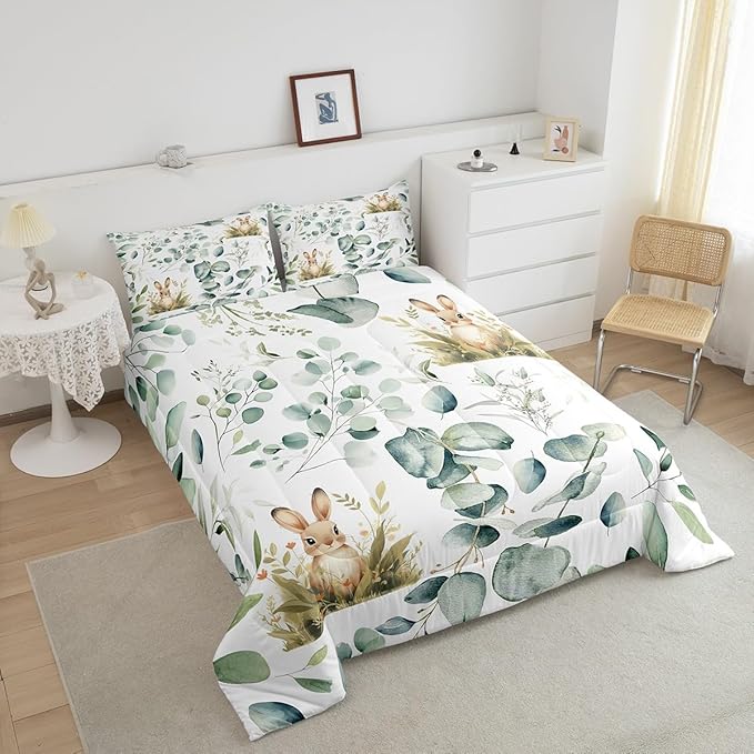 Erosebridal Girls Kawaii Animal Twin Comforter Set Cute Rabbit Bedding Set Twin, Cartoon Wildlife Bedding Comforter Sets Green Leaf Duvet Set, Spring Plant Quilted Comforter Child Kids Bedroom Decor