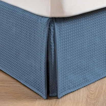 MIYE Pleated Waffle Weave Bed Skirt, Tailored Dust Ruffle 14 Inch Drop Easy Fit, Machine Washable (Blue, Queen - 14" Drop)