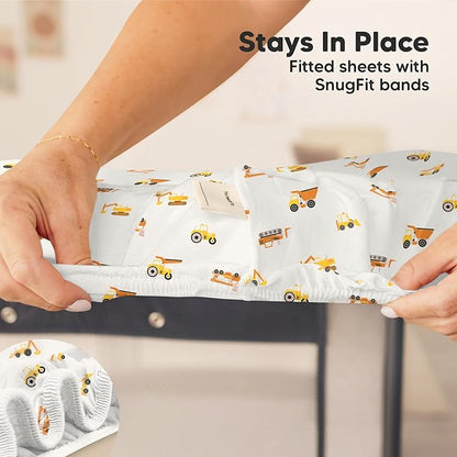 2-Pack Mini Crib Sheets Fitted - 38x26 Pack N Play Sheets for Pack and Play Mattress, Organic Cotton, Soft & Breathable Playard Bedding, Neutral Mini Toddler Bed Cover for Boys, Girls (Construction)