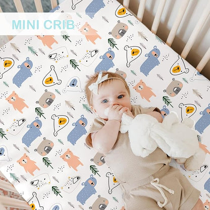 Bimocosy Pack and Play Sheets Fitted 4 Pack, 38 x 26 Inch Pack n Play Mini Crib Sheets for Boys and Girls, Soft Stretchy Playard Mattress Sheets for Graco Pack n Play, Forest Cubs