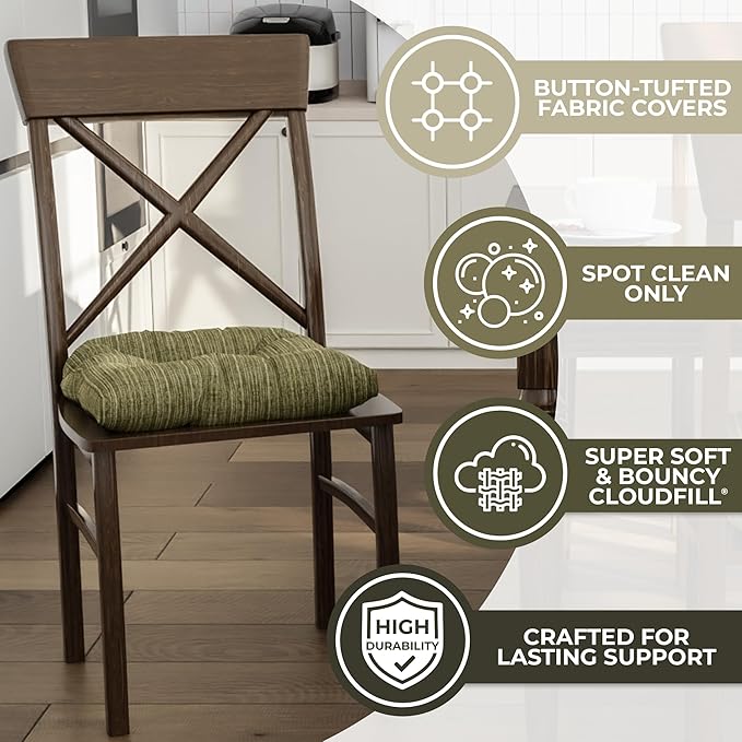 Klear Vu Gripper Overstuffed Universal Non-Slip Dining Chair Cushions for Kitchen Decor or Office Use, U-Shaped Skid-Proof Seat Pad, 17x17 Inches, 2 Count (Pack of 1), Chenille Green