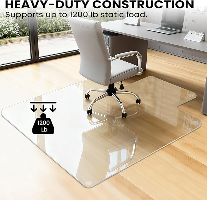 Tempered Glass Chair Mat with Lip, 53" x 45" Heavy-Duty Office Floor Protector for Under-Desk Reach, for Carpet & Hardwood, 1/5" Thick