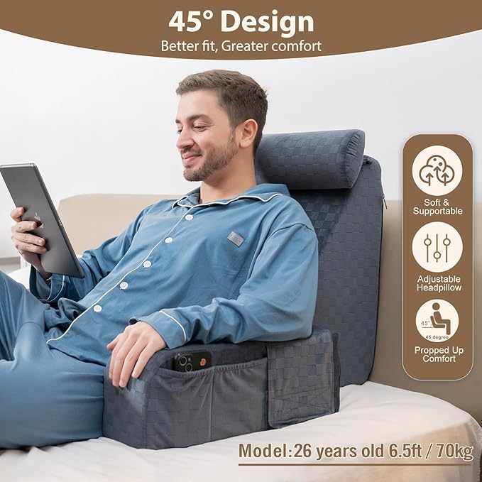 Vekkia 21" Large Reading Pillow with Adjustable Arms & Headrest – Wide Backrest Cushion for Adults with Extra-Large Pockets for Reading, TV, Gaming & Work, Recovery on Bed & Floor, 21"(Grace Grey)