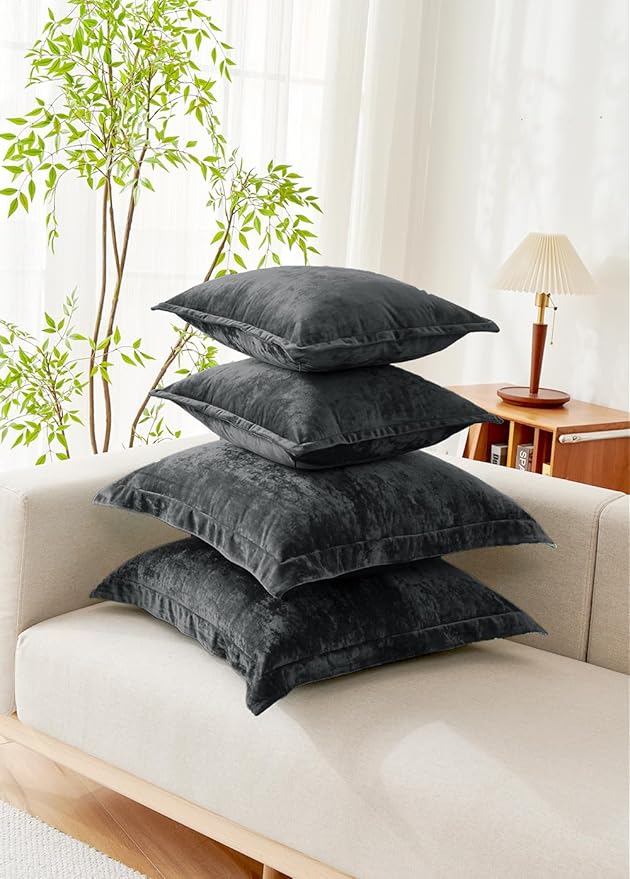 Luxurious Velvet Euro Shams Decorative Throw Pillow Covers 26x26 Set of 2 Solid Square Euro Pillow Shams for Sofa Couch Bedroom, Black
