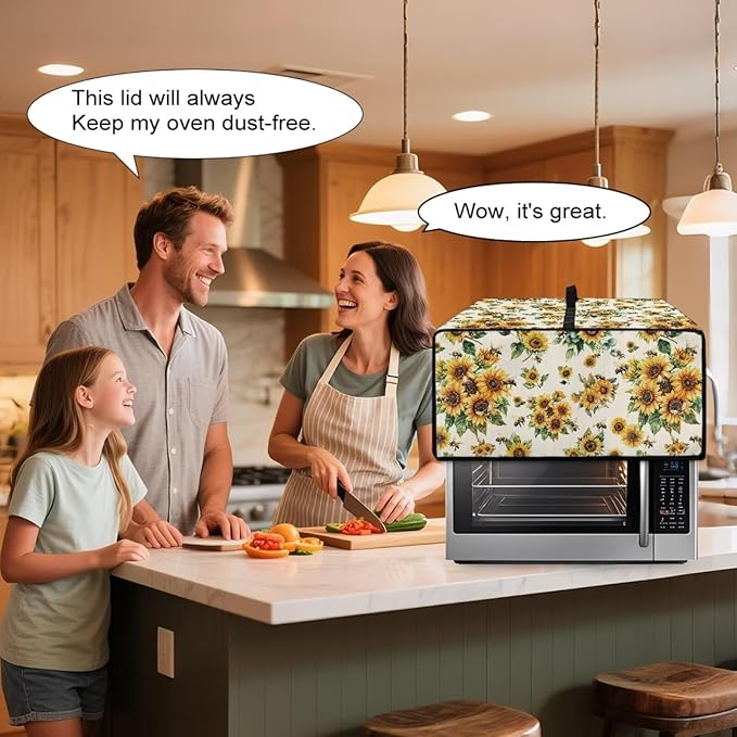 Sunflower Bee Print Toaster Oven Cover Dust-Proof Microwave Oven Cloth Cover with Storage Pockets Foldable Kitchen Machine Covers Case Protections Protector, L