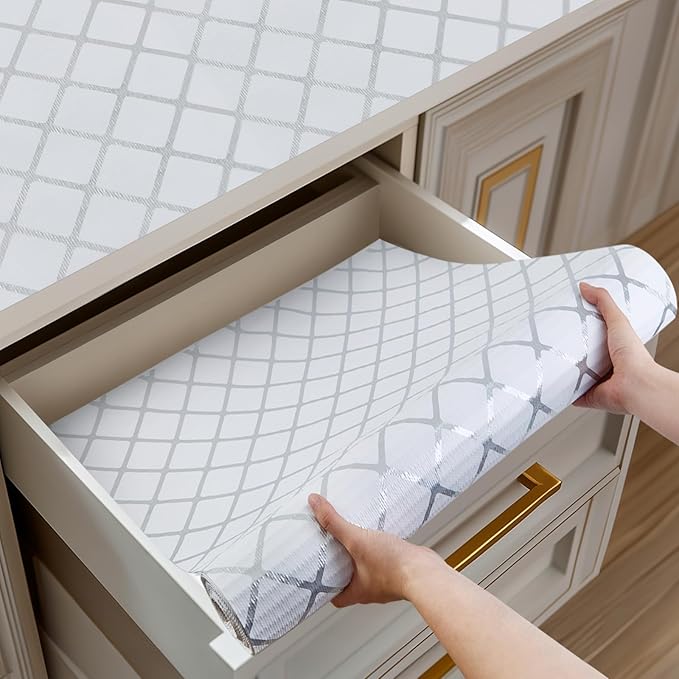 Shelf and Drawer Liner for Kitchen Cabinets Non-Adhesive, Strong Grip Non-Slip Thickened Cabinet Liners for Shelves, Waterproof Mats for Dresser Cupboard, Silver Stripe, 12 in x 10 Feet
