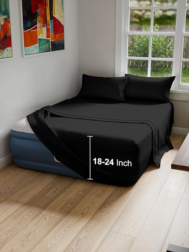 Air Mattress Sheet Set for Queen Size - 4 Piece Breathable & Cooling Sheets w/Extra Deep Pockets - Fits Inflatable & Blow Up Air Mattresses Up to 24 Inches Thick - Ultra Soft & Wrinkle Free - Black