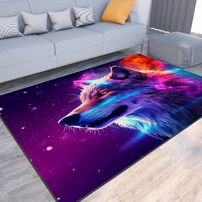 Galaxy Wolf Rug 3D Fierce Wolves Area Rugs for Bedroom Living Room Playroom Gameroom Boys Kids Colorful Glitter Throw Rugs Floor Mat Carpet 79 in x 39 in