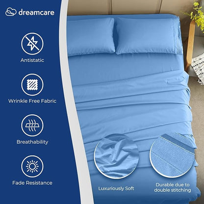 DREAMCARE Twin XL Sheet Sets - 4pc Cooling Sheets XL Twin Sheets - up to 21” Deep Pocket – Hotel Luxury Extra Long 100% Brushed Microfiber with Side Pocket - L. Blue