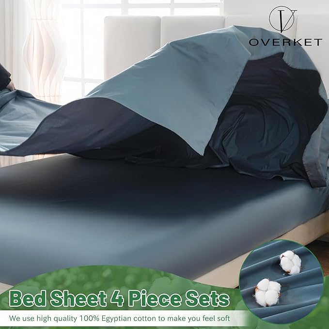 Egyptian Cotton Sheets Full Size 4PCS 1000 Thread Count Sateen Weave Soft Breathable 16-Inch Deep Pocket （Full,Dusty Blue）