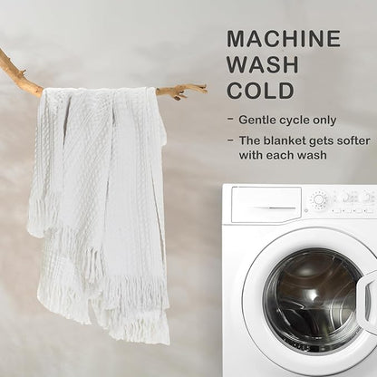 100% Cotton Waffle Blanket with Fringe, Pre-Washed Waffle Weave Blanket for All Season, Lightweight Breathable Soft Cozy Throw Blanket for Couch, Bed, Travel (White - 66x90 Inches)