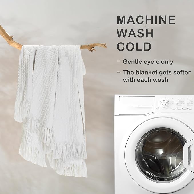100% Cotton Waffle Queen Blanket with Fringe 90"x90", Pre-Washed Waffle Weave Blanket for All Season, Lightweight Breathable Soft Cozy Throw Blanket for Couch, Bed, Travel (White)