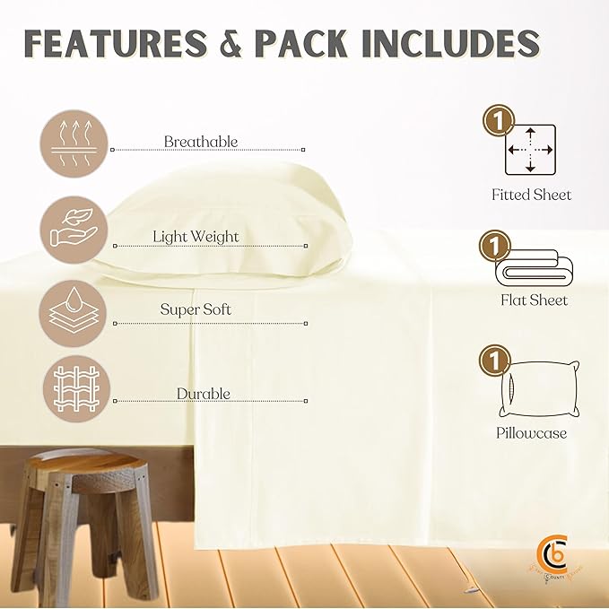 Camping Cot Sheets 30" x 80" - 3 Piece Sheet Set for Bunk Bed - fits Upto 9" Deep Mattress, Perfect for Narrow Twin, Camping Cot, RV Bunk, Guest Beds, Trifold Mattress - Ivory