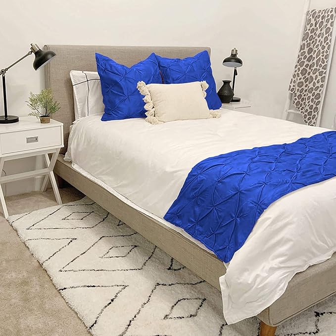 Bed Runner Set - 100% Pure Cotton 800 Thread Count - Luxury 1 Pinch Pleated Bed Runner and 2 Pillow Cover - 3 Piece Pinch Pleated Bed Runner Set King, Royal Blue