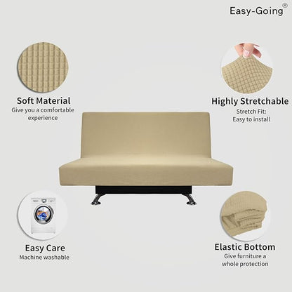 Easy-Going Stretch Futon Slipcover Armless Futon Bed Cover Furniture Protector Without Armrests with Elastic Bottom for Kids, Soft Jacquard Fabric Small Checks (Medium, Beige)
