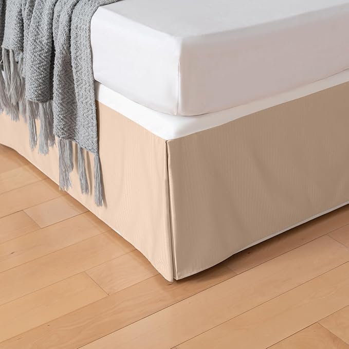 King Bed Skirt, Grid Plaid Soft Quadruple Pleated Ruffle Bed Skirt, Tailored Dust Ruffle 18 Inch Drop Easy Fit, Machine Washable (Beige)