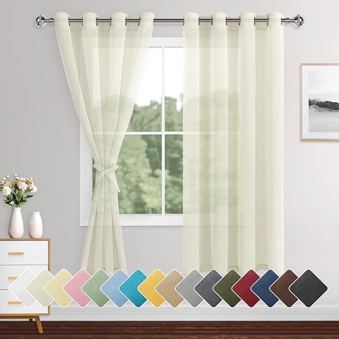 XWZO Sheer Curtains for Bedroom, Airy & Breathable Grommet Semi Transparent Voile Window Curtains for Living Room, Basement with Tiebacks,Cream, Set of 2 Panels, 52 x 72 Inches Long