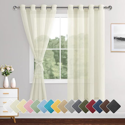 XWZO Sheer Curtains for Bedroom, Airy & Breathable Grommet Semi Transparent Voile Window Curtains for Living Room, Basement with Tiebacks,Cream, Set of 2 Panels, 52 x 72 Inches Long