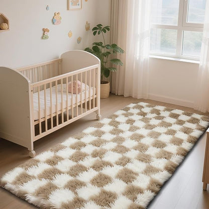 Checkered Rug for Bedroom, 2x4 Beige and White Area Rugs, Classic Checkered Carpets Shaggy Area Rug, Bedside Rugs for Living Room Bedroom Kids Room Home Decor