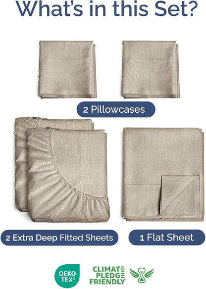 Extra Deep Pocket Split King Sheets - 5 Piece Breathable & Cooling Bed Sheets - Hotel Luxury Bed Sheet Set - Soft, Wrinkle Free & Comfy - Easily Fits Extra Deep Mattresses - Heathered Beige Sheets Set