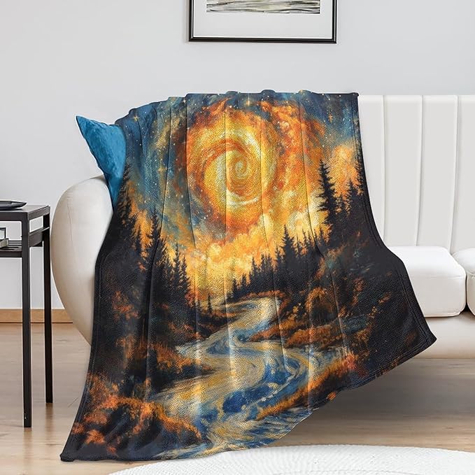 Magic Forest Blanket, Abstract Art Oil Painting Dreamworld River Jungle Sunset Pattern Soft Warm Cozy Plush Flannel Covers for Livingroom Bedroom Couch Chair Camping Travel Home Decor Tapestry 50x60in