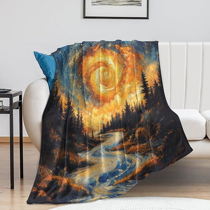 Magic Forest Blanket, Abstract Art Oil Painting Dreamworld River Jungle Sunset Pattern Soft Warm Cozy Plush Flannel Covers for Livingroom Bedroom Couch Chair Camping Travel Home Decor Tapestry 60x80in