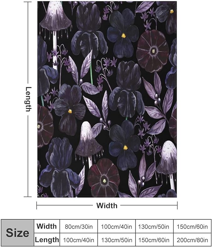 Gothic Floral Blanket, Vintage Abstract Black Purple Peony Flowers Mushroom Print Throw Blanket for Room Bedding Couch Decor Soft Lightweight Warm Cozy, 30"x40"