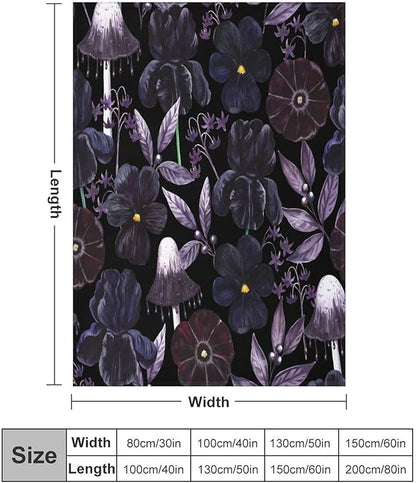 Gothic Floral Blanket, Vintage Abstract Black Purple Peony Flowers Mushroom Print Throw Blanket for Room Bedding Couch Decor Soft Lightweight Warm Cozy, 30"x40"