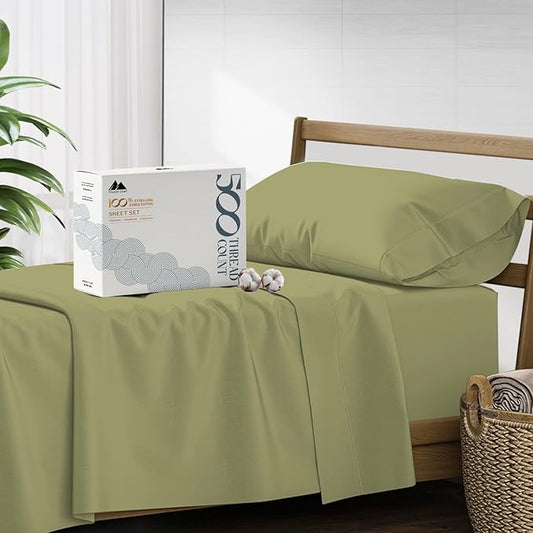 Mayfair Linen 500 Thread Count Twin XL Cotton Sheets - 3 PC Twin XL Size Bed Sheet Set Cotton (Sage Green), Soft, Cooling, Sateen Weave Hotel-Quality 16" Deep Pocket Bedsheet (Fits 18" Mattress)