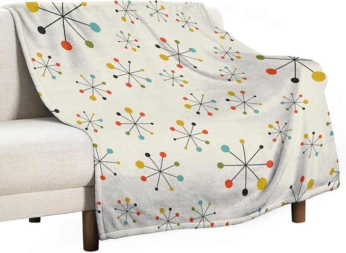 Mid Century Throw Blanket, Retro Abstract Geometric Pattern Boho 1950s 1960s Iconic Atomic Starbursts Modern Sputnik Print Blanket for Couch Sofa Bed Decorative Gifts 50"x60"