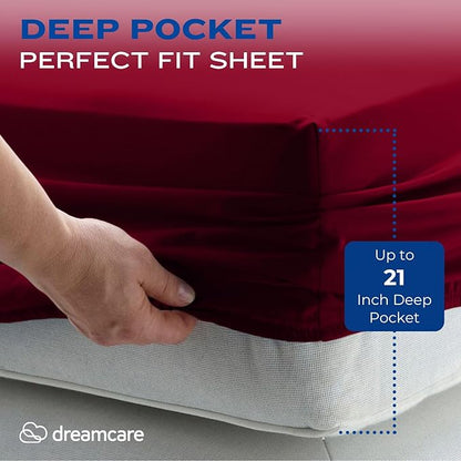 DREAMCARE King Size Sheets Set – 4 pcs Cooling Sheets – up to 21” Deep Pocket King Sheet Set – Hotel Luxury Sheets & Pillowcases – Superior Softness 100% Fine Microfiber with Side Pocket – Burgundy