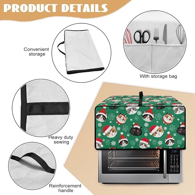 Christmas Decorations Countertop Convection Oven Cover Dust-Proof Toaster Oven Cover with Pockets, Countertop Convection Oven Protector, M, Christmas Hat Cat Paw Snowflake Green