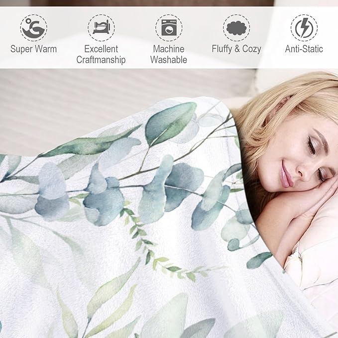 Eucalyptus Leaf Throw Blanket, Watercolor Floral Spring Botanical Green Plants Herb Print Cozy Plush Blanket for Bedroom Living Rooms Sofa Couch, 30"x40"